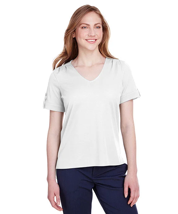 Women's graphic - printed sweatshirt featuring floral patterns for a feminine touchDG20WB - Devon & Jones Ladies CrownLux Performance™ Plaited Rolled-Sleeve Top | White Women's graphic - printed sweatshirt featuring floral patterns for a feminine touchDG20WB - Devon & Jones Ladies CrownLux Performance™ Plaited Rolled-Sleeve Top | White