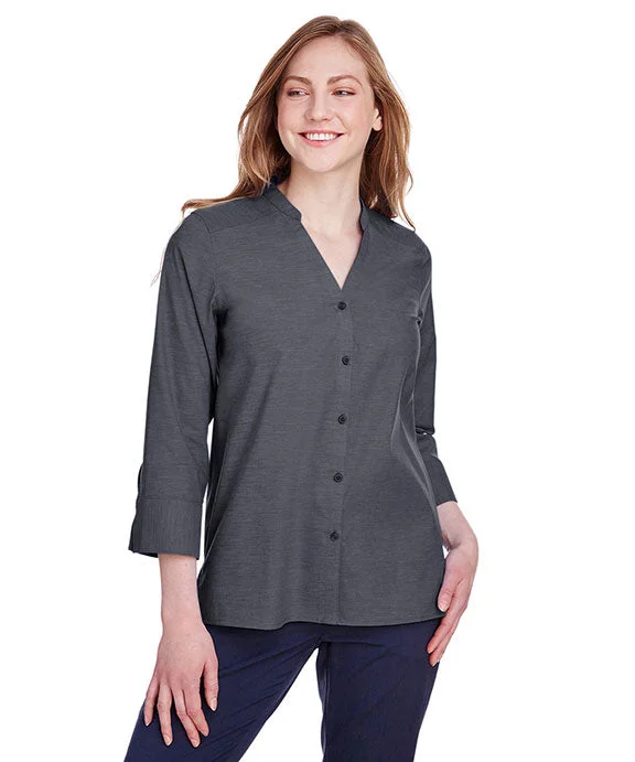 Women's tie - front hoodie in a lightweight fabric for summer layeringDG562W - Devon & Jones Ladies Crown Collection™ Stretch Pinpoint Chambray 3/4 Sleeve Blouse Women's tie - front hoodie in a lightweight fabric for summer layeringDG562W - Devon & Jones Ladies Crown Collection™ Stretch Pinpoint Chambray 3/4 Sleeve Blouse