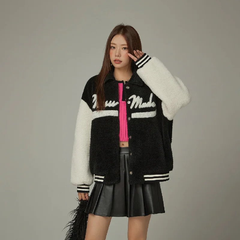 Women's cropped down jackets in bold colors for a sporty and fashionable winter outfitColor Combination Fleece Varsity Jacket Women's cropped down jackets in bold colors for a sporty and fashionable winter outfitColor Combination Fleece Varsity Jacket