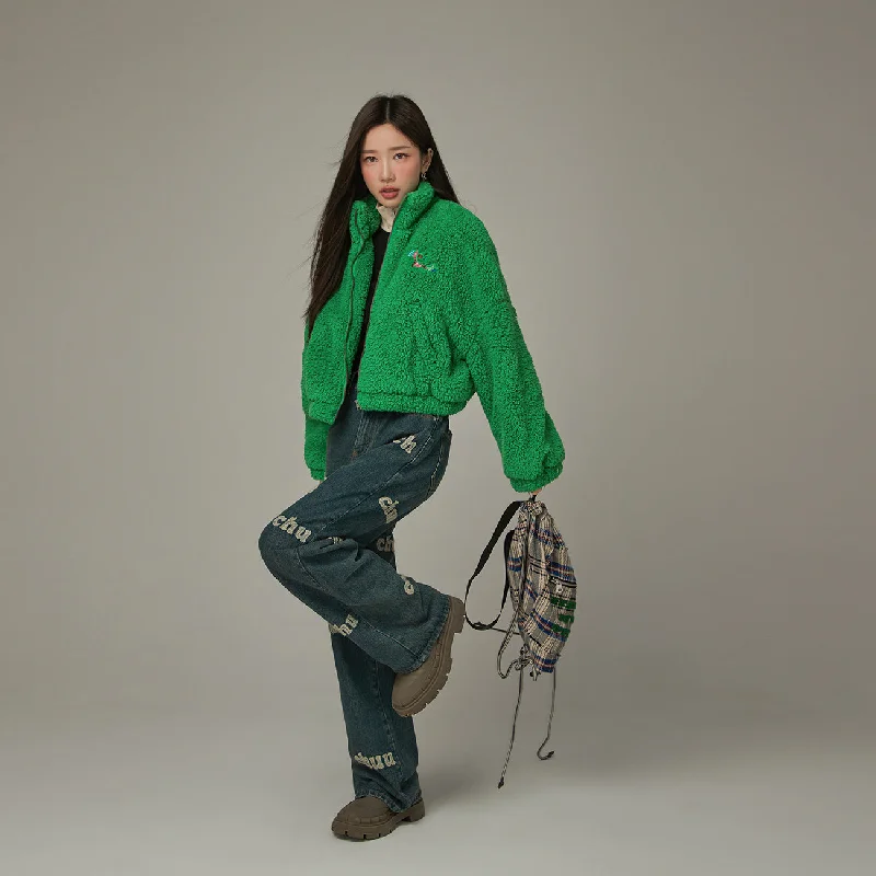 Women's cropped down jackets in bold colors for a sporty and fashionable winter outfitColor Fleece Loose Zip-Up Jacket Women's cropped down jackets in bold colors for a sporty and fashionable winter outfitColor Fleece Loose Zip-Up Jacket