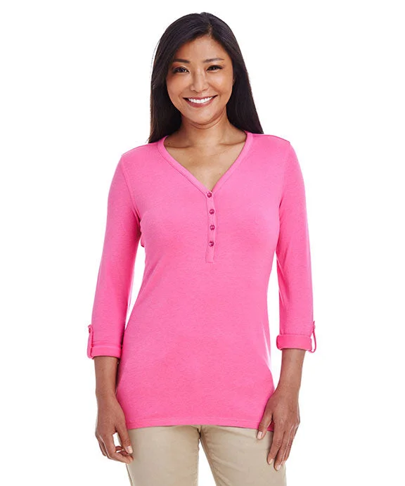 Women's hoodie with a glittery print for a glamorous and sparkly appearanceDP186W - Devon & Jones Ladies Perfect Fit™ Y-Placket Convertible Sleeve Knit Top | Charity Pink