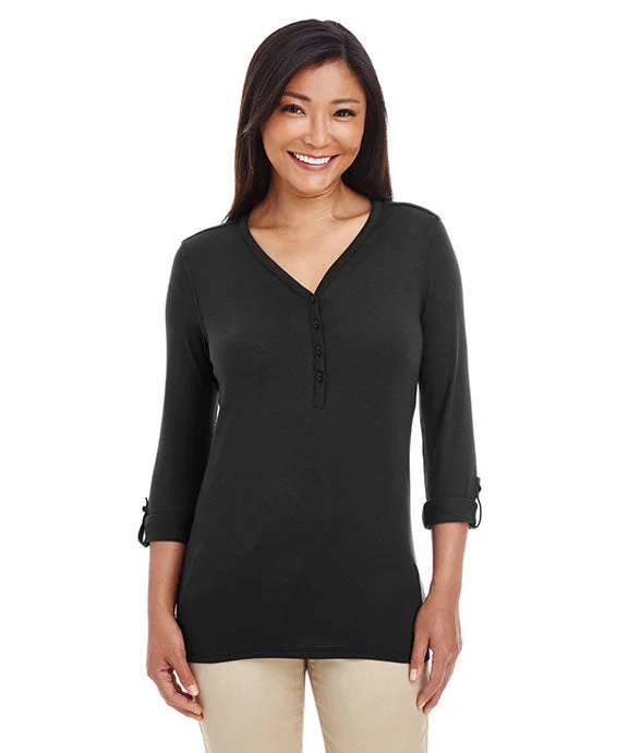 Women's tie - front hoodie in a lightweight fabric for summer layeringDP186W - Devon & Jones Ladies Perfect Fit™ Y-Placket Convertible Sleeve Knit Top Women's tie - front hoodie in a lightweight fabric for summer layeringDP186W - Devon & Jones Ladies Perfect Fit™ Y-Placket Convertible Sleeve Knit Top