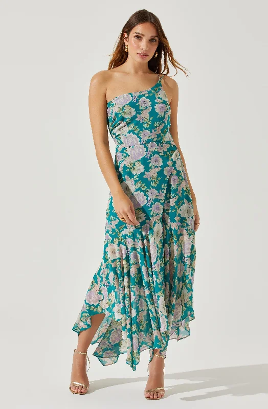 Lace - Embellished Women Dress for an Elegant and Sophisticated AppearanceEmmylou Floral One Shoulder Midi Dress Lace - Embellished Women Dress for an Elegant and Sophisticated AppearanceEmmylou Floral One Shoulder Midi Dress