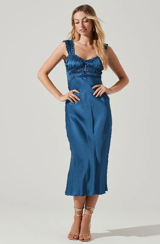 Ball Gown Women Dress with a Full Skirt for a Princess - like LookEnola Satin Smocked Midi Dress Ball Gown Women Dress with a Full Skirt for a Princess - like LookEnola Satin Smocked Midi Dress