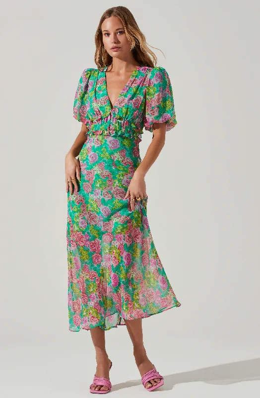 Printed Abstract Women Dress for a Modern and Artistic AppealEsperanza Floral Puff Sleeve Midi Dress Printed Abstract Women Dress for a Modern and Artistic AppealEsperanza Floral Puff Sleeve Midi Dress