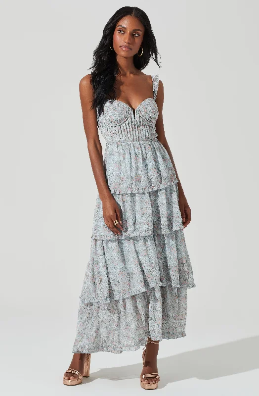 Lace - Embellished Women Dress for an Elegant and Sophisticated AppearanceFlutter Strap Floral Tiered Maxi Dress