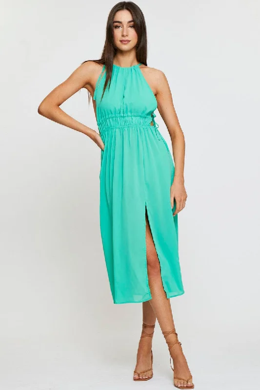 Pleated Women Dress with a Timeless and Elegant TextureGreen Midi Dress Sleeveless Front Split Pleated Women Dress with a Timeless and Elegant TextureGreen Midi Dress Sleeveless Front Split