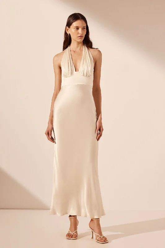 Sheath Women Dress with a Tailored Fit for a Professional LookLA LUNE PLUNGED HALTER MIDI DRESS - CREAM Sheath Women Dress with a Tailored Fit for a Professional LookLA LUNE PLUNGED HALTER MIDI DRESS - CREAM