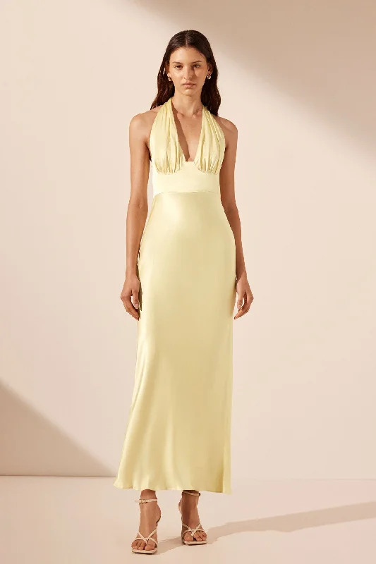 Shift Women Dress with a Simple and Classic Design for Everyday WearLA LUNE PLUNGED HALTER MIDI DRESS - LEMON Shift Women Dress with a Simple and Classic Design for Everyday WearLA LUNE PLUNGED HALTER MIDI DRESS - LEMON