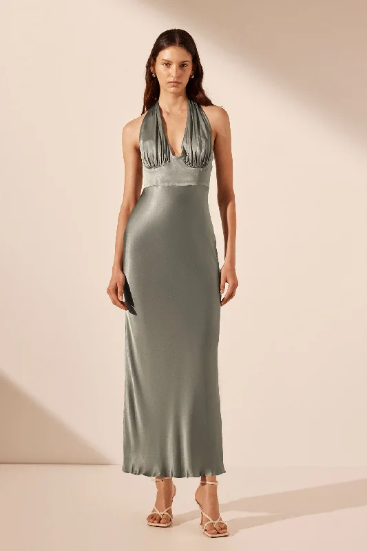 Wrap - Style Women Dress with Adjustable Fit for All Body TypesLA LUNE PLUNGED HALTER MIDI DRESS - SAGE Wrap - Style Women Dress with Adjustable Fit for All Body TypesLA LUNE PLUNGED HALTER MIDI DRESS - SAGE