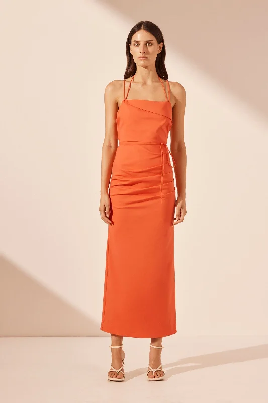 Strapless Women Dress with a Built - in Bra for Comfort and SupportLANI DRAPED CROSS BACK MIDI DRESS - HIBISCUS Strapless Women Dress with a Built - in Bra for Comfort and SupportLANI DRAPED CROSS BACK MIDI DRESS - HIBISCUS