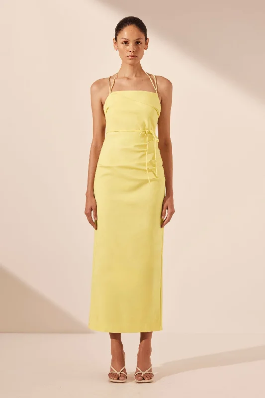 Maxi Women Dress with Floral Print for a Bohemian VibeLANI DRAPED CROSS BACK MIDI DRESS - LEMON Maxi Women Dress with Floral Print for a Bohemian VibeLANI DRAPED CROSS BACK MIDI DRESS - LEMON