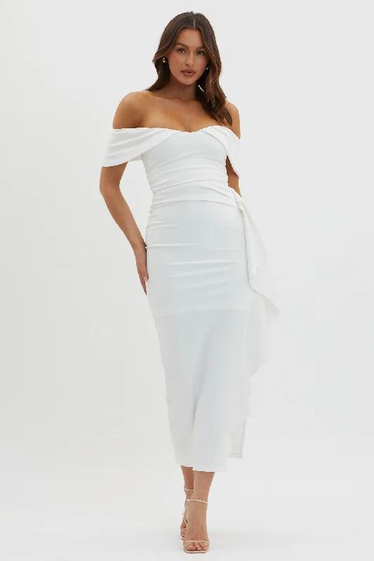 Printed Abstract Women Dress for a Modern and Artistic AppealLillianne Off-Shoulder Side Ruffle Maxi Dress White Printed Abstract Women Dress for a Modern and Artistic AppealLillianne Off-Shoulder Side Ruffle Maxi Dress White