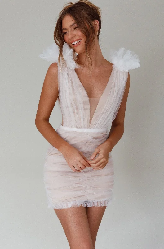 Mermaid - Style Women Dress with a Fitted Silhouette for Special OccasionsLudivine Shoulder Accent Mesh Mini Dress White Mermaid - Style Women Dress with a Fitted Silhouette for Special OccasionsLudivine Shoulder Accent Mesh Mini Dress White
