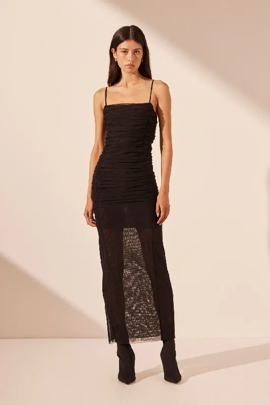 Halter Neck Women Dress to Show Off the Shoulders and NecklineMIRA OPEN BACK RUCHED MIDI DRESS - BLACK Halter Neck Women Dress to Show Off the Shoulders and NecklineMIRA OPEN BACK RUCHED MIDI DRESS - BLACK