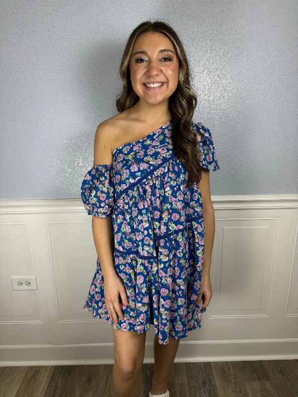 Maxi Women Dress with Floral Print for a Bohemian VibeNavy floral asymmetrical neckline dress Maxi Women Dress with Floral Print for a Bohemian VibeNavy floral asymmetrical neckline dress