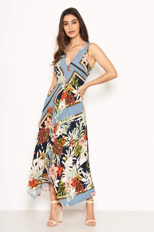 Ruffled Women Dress with Multiple Layers for a Playful and Girly StyleNavy V-Neck Tropical Maxi Dress Ruffled Women Dress with Multiple Layers for a Playful and Girly StyleNavy V-Neck Tropical Maxi Dress