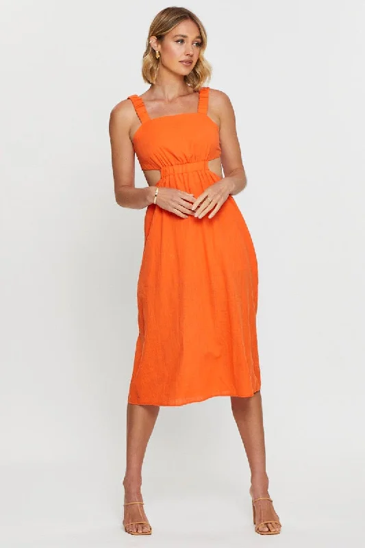 Mermaid - Style Women Dress with a Fitted Silhouette for Special OccasionsOrange Midi Dress Sleeveless Mermaid - Style Women Dress with a Fitted Silhouette for Special OccasionsOrange Midi Dress Sleeveless