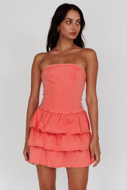 Ruffled Women Dress with Multiple Layers for a Playful and Girly StylePhilly Strapless Ruffle Mini Dress Sugar Coral Ruffled Women Dress with Multiple Layers for a Playful and Girly StylePhilly Strapless Ruffle Mini Dress Sugar Coral