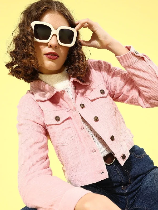 Women's bomber jackets with a holographic finish for a futuristic and eye - catching lookPink Corduroy Trucker Jacket Women's bomber jackets with a holographic finish for a futuristic and eye - catching lookPink Corduroy Trucker Jacket