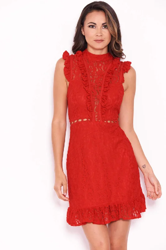 Sleeveless Women Dress in Bright Colors for Summer PartiesRed Lace Mini Frill Dress