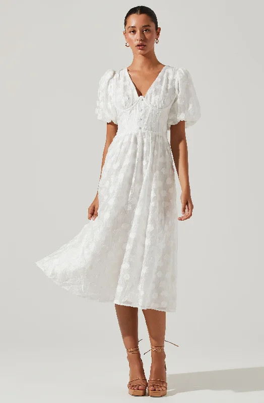 Pleated Women Dress with a Timeless and Elegant TextureSandy Polka Dot Puff Sleeve Midi Dress