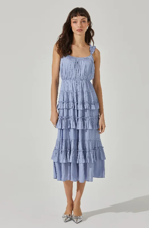 Ball Gown Women Dress with a Full Skirt for a Princess - like LookSatin Tiered Midi Dress Ball Gown Women Dress with a Full Skirt for a Princess - like LookSatin Tiered Midi Dress