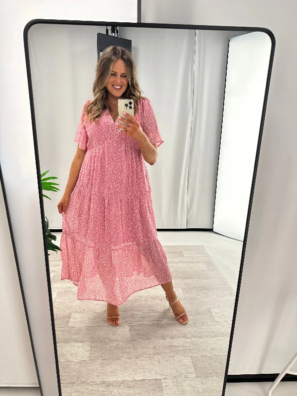 Sleeveless Women Dress in Bright Colors for Summer PartiesShine On Label Joni Tiered Chiffon Dress Pink Butterfly Print Sleeveless Women Dress in Bright Colors for Summer PartiesShine On Label Joni Tiered Chiffon Dress Pink Butterfly Print