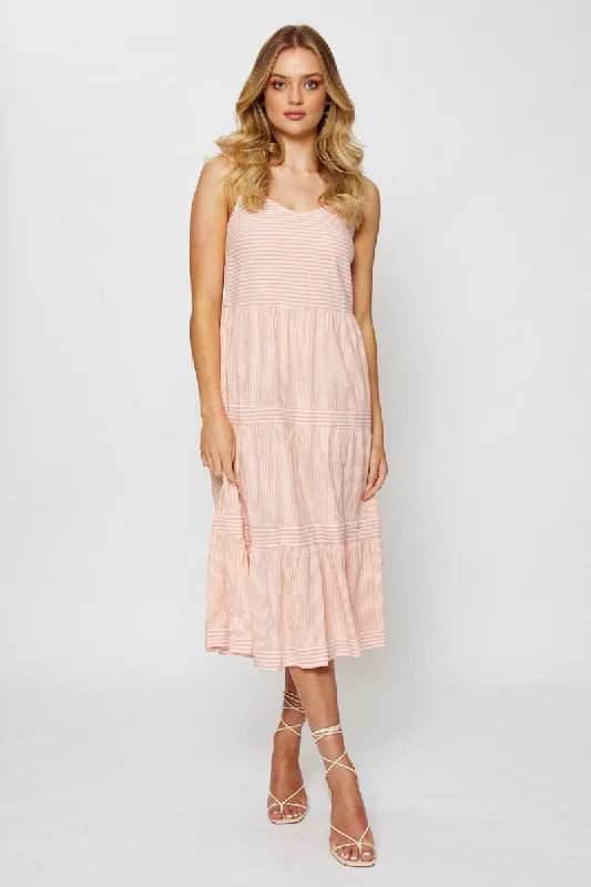 Sleeveless Women Dress in Bright Colors for Summer PartiesStripe Midi Dress V Neck