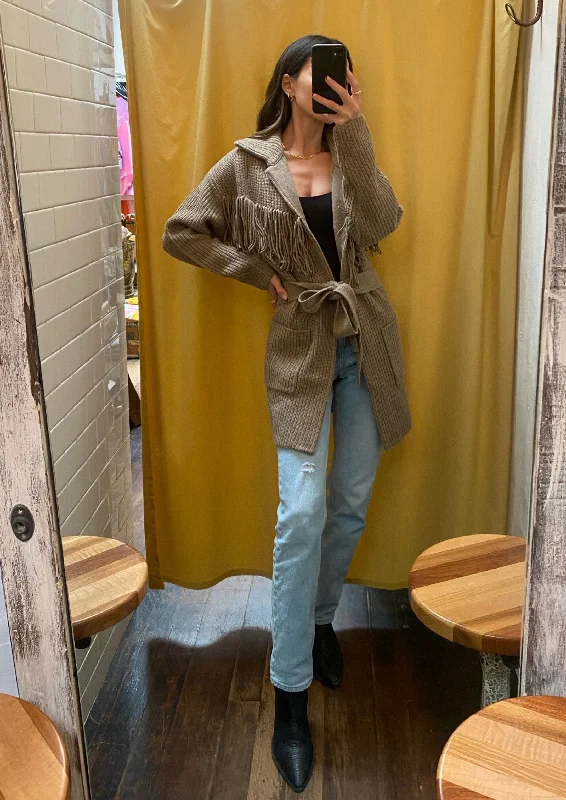 Women's bomber jackets with a holographic finish for a futuristic and eye - catching lookTaupe Fringe Cardigan Women's bomber jackets with a holographic finish for a futuristic and eye - catching lookTaupe Fringe Cardigan