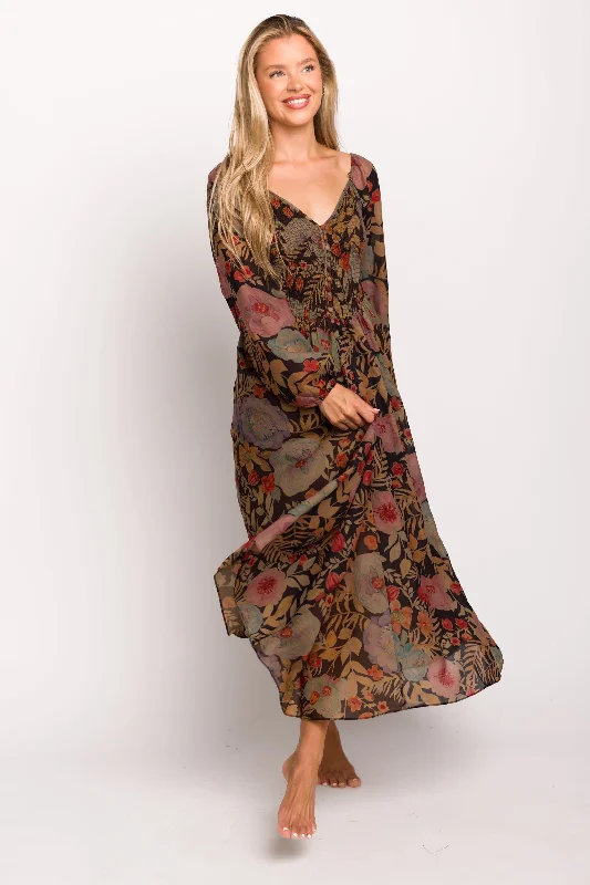 Ball Gown Women Dress with a Full Skirt for a Princess - like LookSteph Smocked Button-Front Maxi Dress in Black Floral - Final Few Ball Gown Women Dress with a Full Skirt for a Princess - like LookSteph Smocked Button-Front Maxi Dress in Black Floral - Final Few
