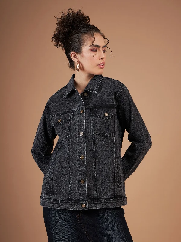 Women's faux fur - trimmed denim jackets for a trendy and cozy styleWomen Black Washed Denim Oversized Jacket Women's faux fur - trimmed denim jackets for a trendy and cozy styleWomen Black Washed Denim Oversized Jacket