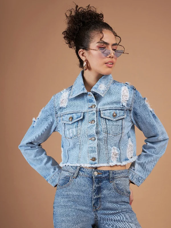 Women's faux fur - trimmed denim jackets for a trendy and cozy styleWomen Ice Blue Distressed Denim Crop Jacket Women's faux fur - trimmed denim jackets for a trendy and cozy styleWomen Ice Blue Distressed Denim Crop Jacket