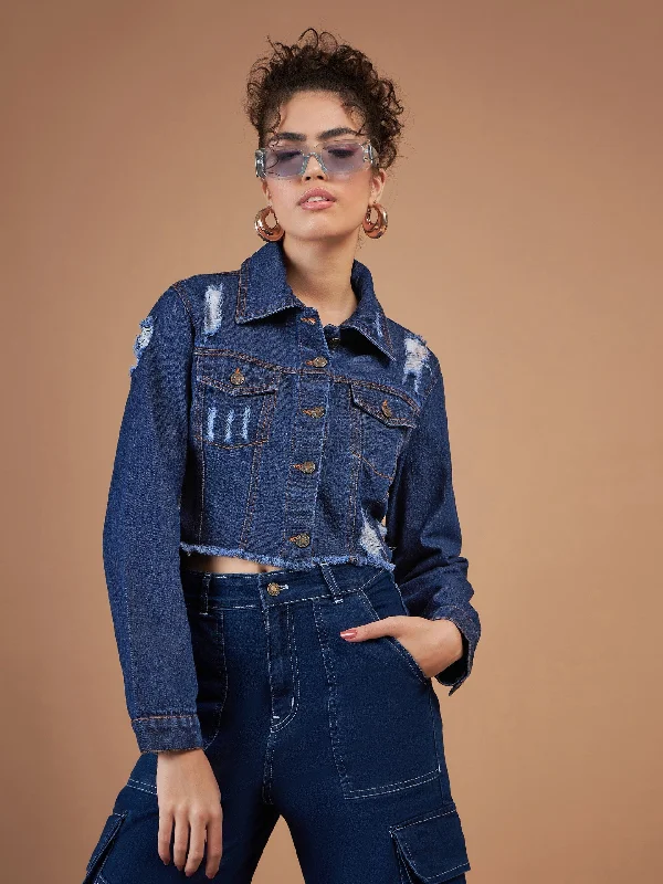 Women's long - length wool blend jackets for a warm and stylish winter lookWomen Navy Distressed Denim Crop Jacket Women's long - length wool blend jackets for a warm and stylish winter lookWomen Navy Distressed Denim Crop Jacket