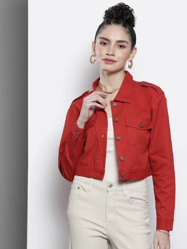 Women's military - style jackets with epaulets for a tough and fashionable appearanceWomen Red Twill Crop Jacket Women's military - style jackets with epaulets for a tough and fashionable appearanceWomen Red Twill Crop Jacket