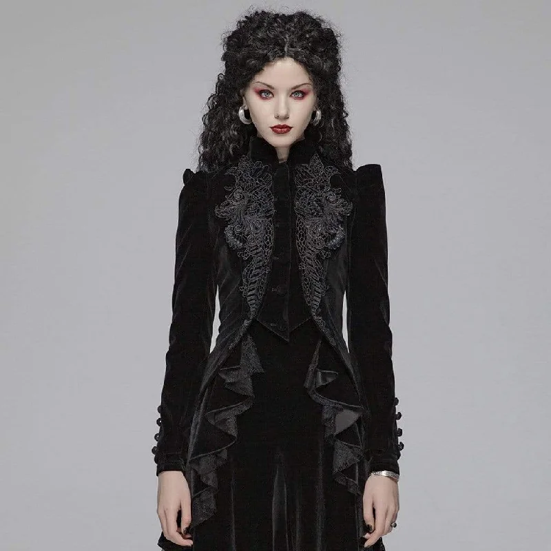 Women's faux fur - trimmed denim jackets for a trendy and cozy styleWomen's Goth Floral Embroideried Puff Sleeved Velet Short Jackets Women's faux fur - trimmed denim jackets for a trendy and cozy styleWomen's Goth Floral Embroideried Puff Sleeved Velet Short Jackets