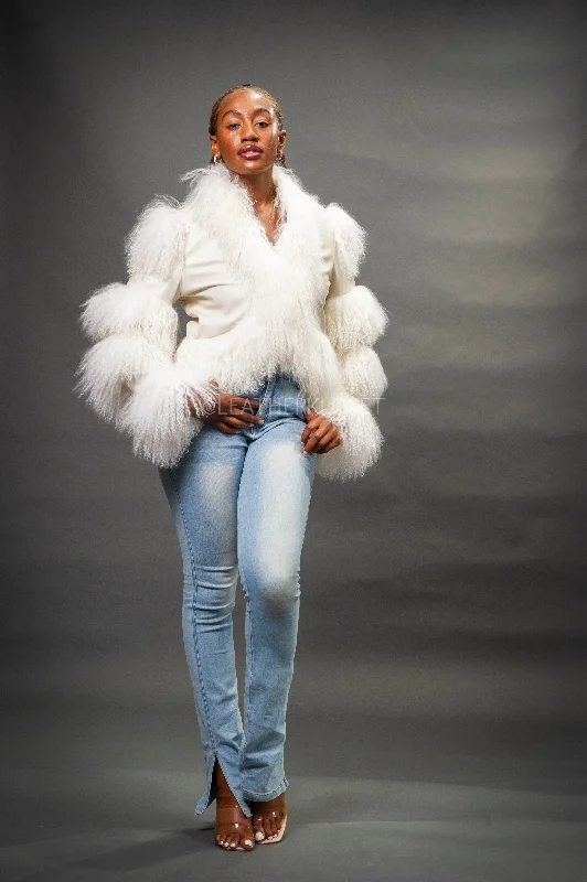 Women's quilted puffer jackets in a cropped silhouette for a modern twistWomen's Leather And Mongolian Fur Combo [Cream]
