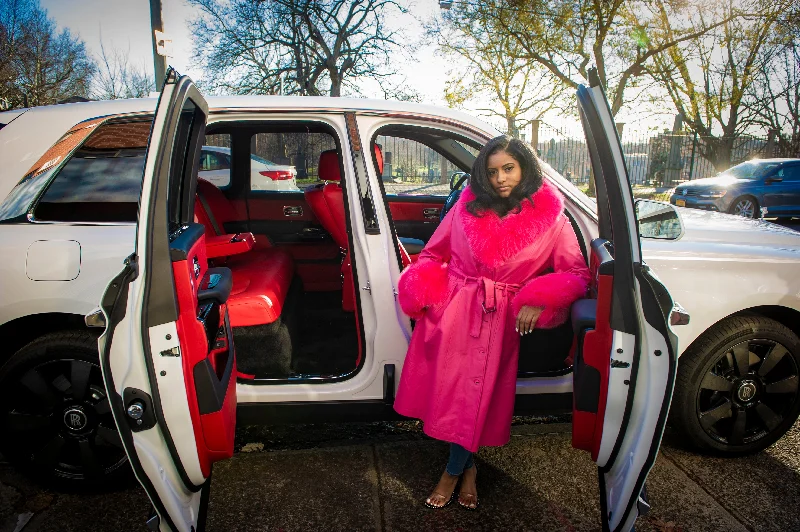 Women's windbreaker jackets with adjustable hoods for windy daysWomen's Leather Trench With Full Fox Fur [Hot Pink]