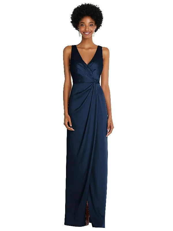 Sleeveless Women Dress in Bright Colors for Summer Parties Sleeveless Women Dress in Bright Colors for Summer Parties Faux Wrap Whisper Satin Maxi Dress with Draped Tulip Skirt