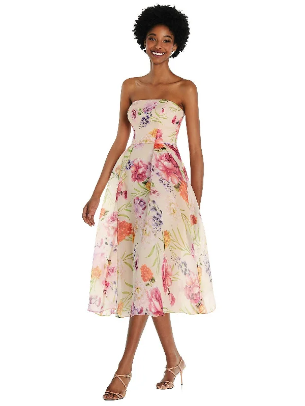 Mermaid - Style Women Dress with a Fitted Silhouette for Special Occasions Mermaid - Style Women Dress with a Fitted Silhouette for Special Occasions Strapless Pink Floral Organdy Midi Dress Mermaid - Style Women Dress with a Fitted Silhouette for Special Occasions Mermaid - Style Women Dress with a Fitted Silhouette for Special Occasions Strapless Pink Floral Organdy Midi Dress