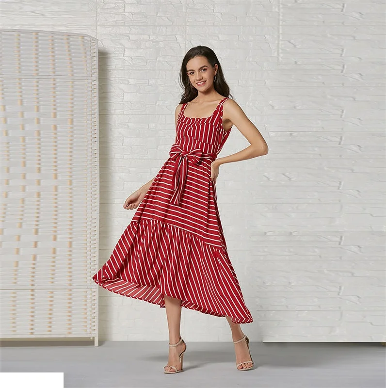 Maxi dresses with pom - pom trims for a playful and festive lookKittenAlarm - Women Fashion Sleeveless Stripe Maxi Dress Party Belt waist Casual Beach Long Dress Maxi dresses with pom - pom trims for a playful and festive lookKittenAlarm - Women Fashion Sleeveless Stripe Maxi Dress Party Belt waist Casual Beach Long Dress