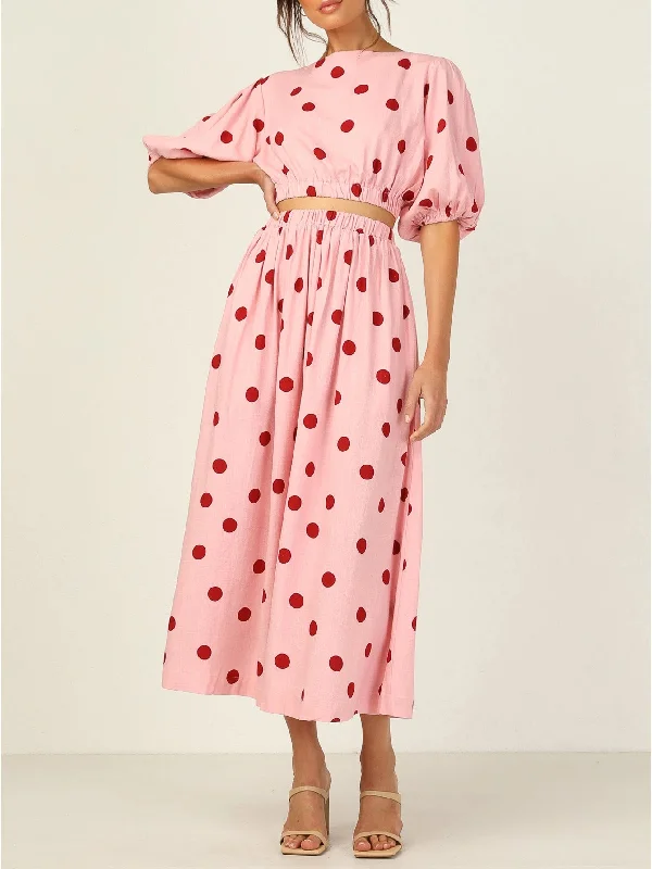 Maxi dresses with polka dot prints for a playful styleKittenAlarm - Women 2pcs Print High Waist Dress set ( short sleeve + high waist skirt ) Maxi dresses with polka dot prints for a playful styleKittenAlarm - Women 2pcs Print High Waist Dress set ( short sleeve + high waist skirt )