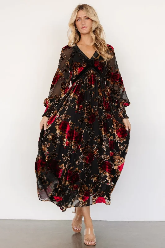 Maxi dresses with tassel accents for a fun and lively touchAdele Velvet Dress | Black + Rose Floral Maxi dresses with tassel accents for a fun and lively touchAdele Velvet Dress | Black + Rose Floral
