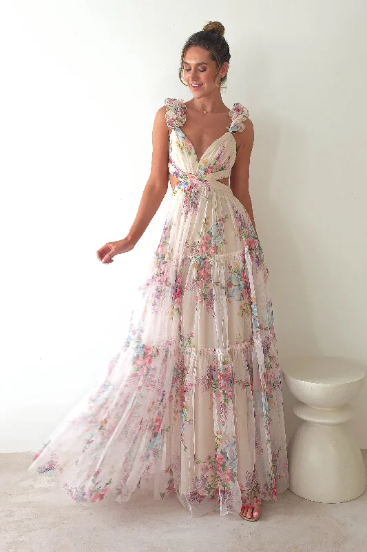 Maxi dresses with patchwork designs for a one - of - a - kind styleAlma Floral Print Tulle Maxi Dress | Cream Maxi dresses with patchwork designs for a one - of - a - kind styleAlma Floral Print Tulle Maxi Dress | Cream