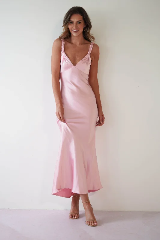 Maxi dresses with a ruffled neckline for a charming lookBethanie Soft Satin Maxi Dress | Light Pink Maxi dresses with a ruffled neckline for a charming lookBethanie Soft Satin Maxi Dress | Light Pink