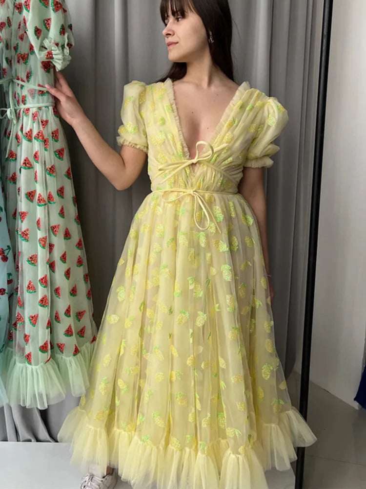 Sequined maxi dresses for formal evening galasShort Sleeve V Neck Tie-up Front High Waist Fruit Sequins Ruffle Tulle Hem Princess Maxi Dress Sequined maxi dresses for formal evening galasShort Sleeve V Neck Tie-up Front High Waist Fruit Sequins Ruffle Tulle Hem Princess Maxi Dress