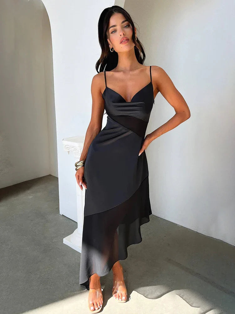 Cotton maxi dresses for a comfortable and everyday - wear optionMesh Patchwork Long Spaghetti Strap Asymmetric Sexy Spring Summer Maxi Dress