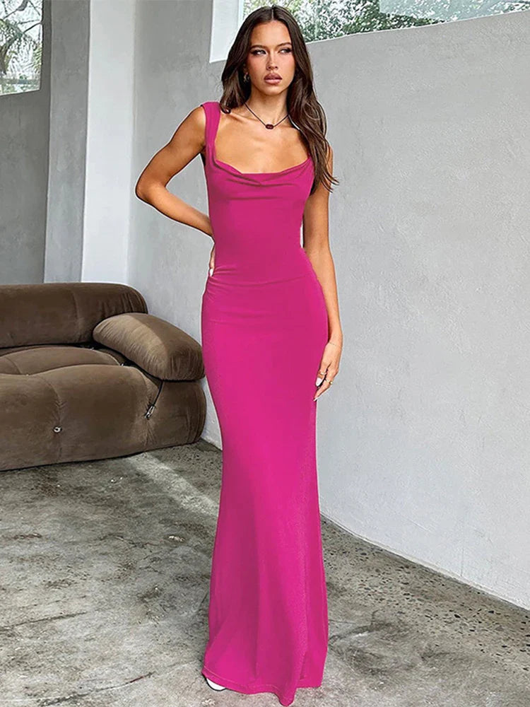 Maxi dresses with a ruffled neckline for a charming lookLong Slim Bodycon Spaghetti Strap Bow Backless Sexy Spring Summer Maxi Dress