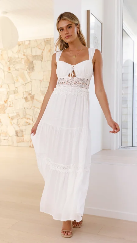 Maxi dresses with bow accents at the waist for a sweet appearanceIndie Maxi Dress - White Maxi dresses with bow accents at the waist for a sweet appearanceIndie Maxi Dress - White