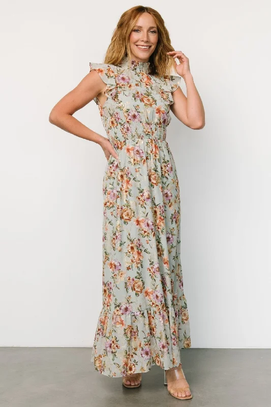 Floral print maxi dresses for summer garden partiesKearny Ruffle Maxi Dress | Light Blue Floral + Gold Floral print maxi dresses for summer garden partiesKearny Ruffle Maxi Dress | Light Blue Floral + Gold